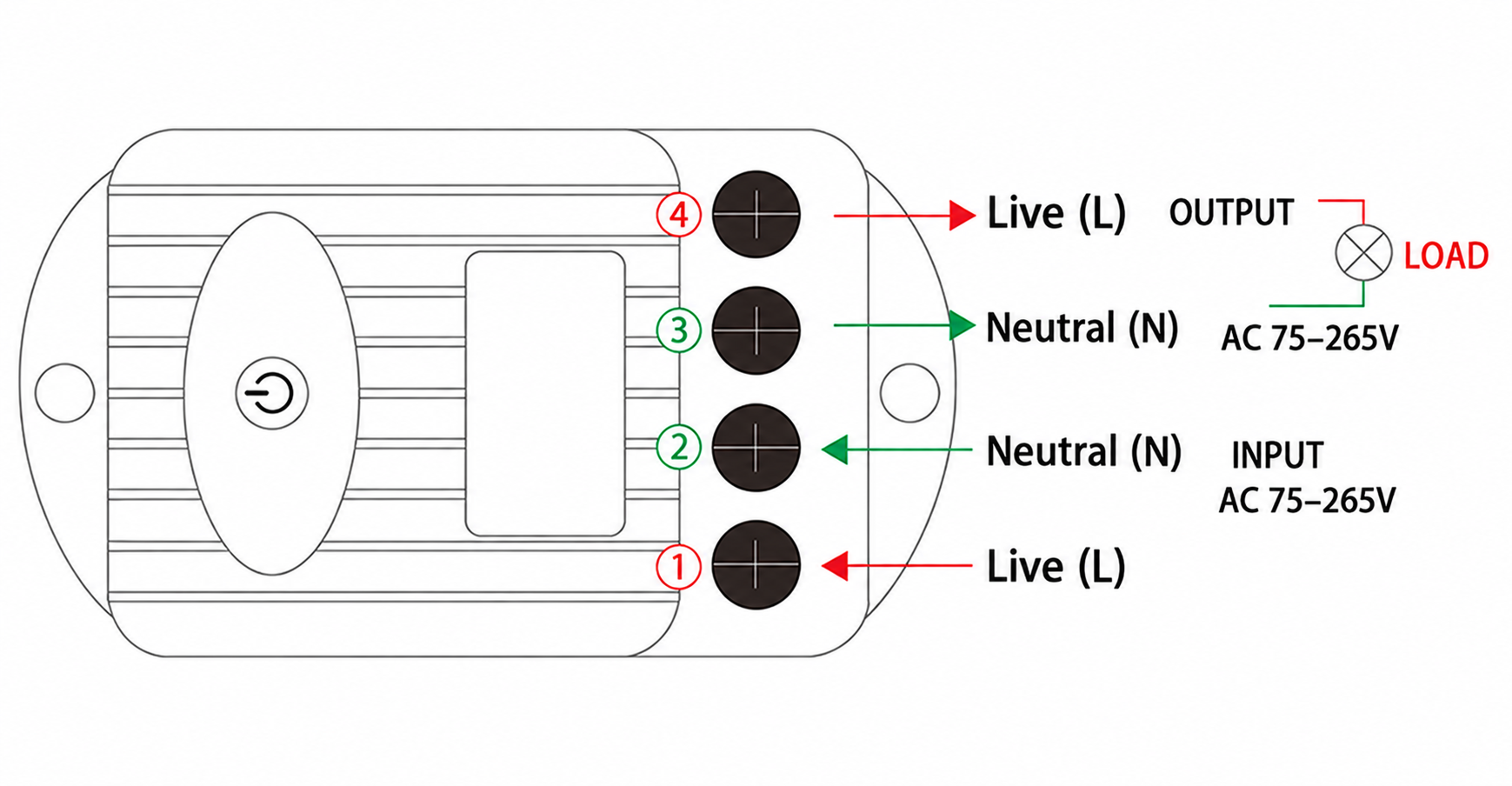 HT-9220KG wiring: 1 live input, 2 neutral input, 3 neutral output, 4 live output; AC75–265V